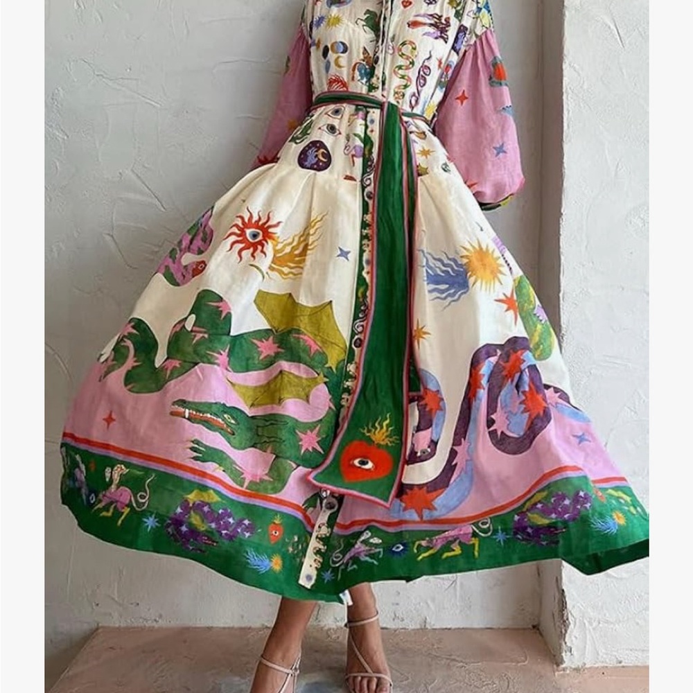 Vibrant Belted Flowing Tea Party Floral Print Midi Maxi Dress